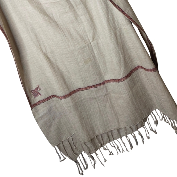 Accessories - Beige Fringed Scarf with Red Embroidery